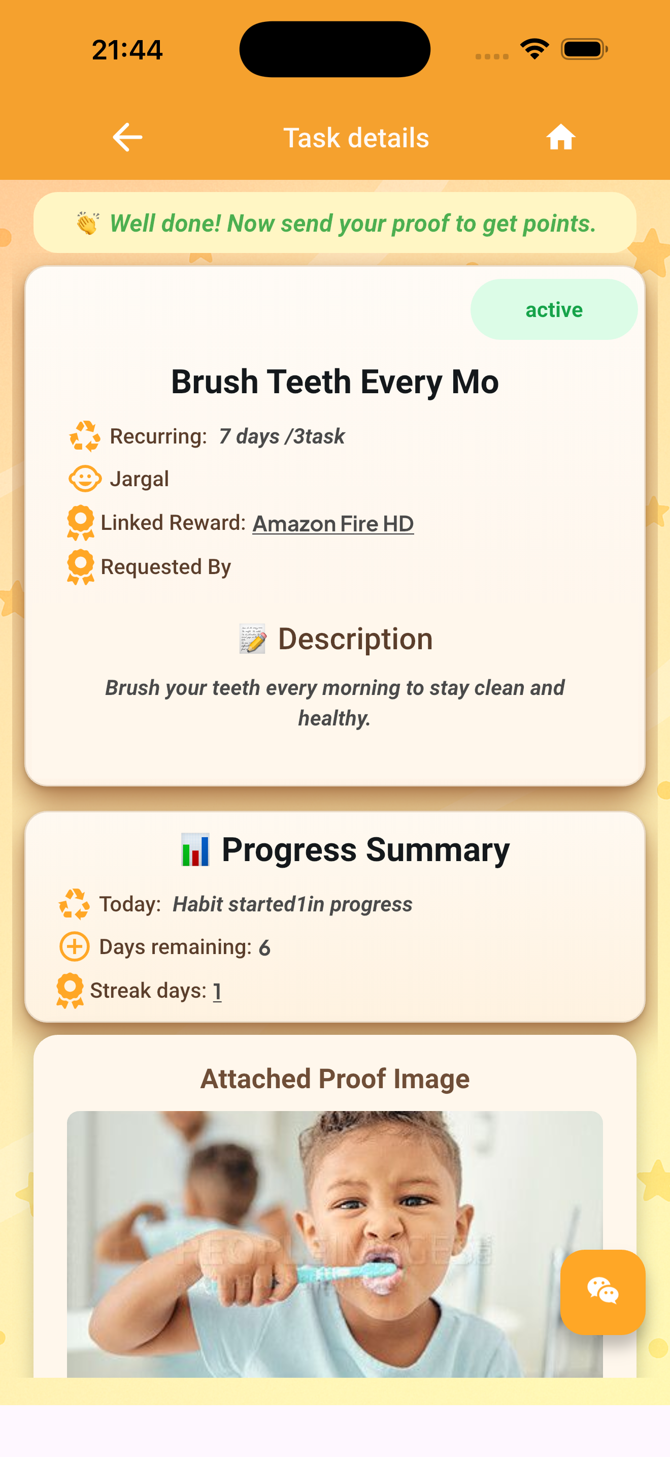 JoyNest task proof and progress screenshot