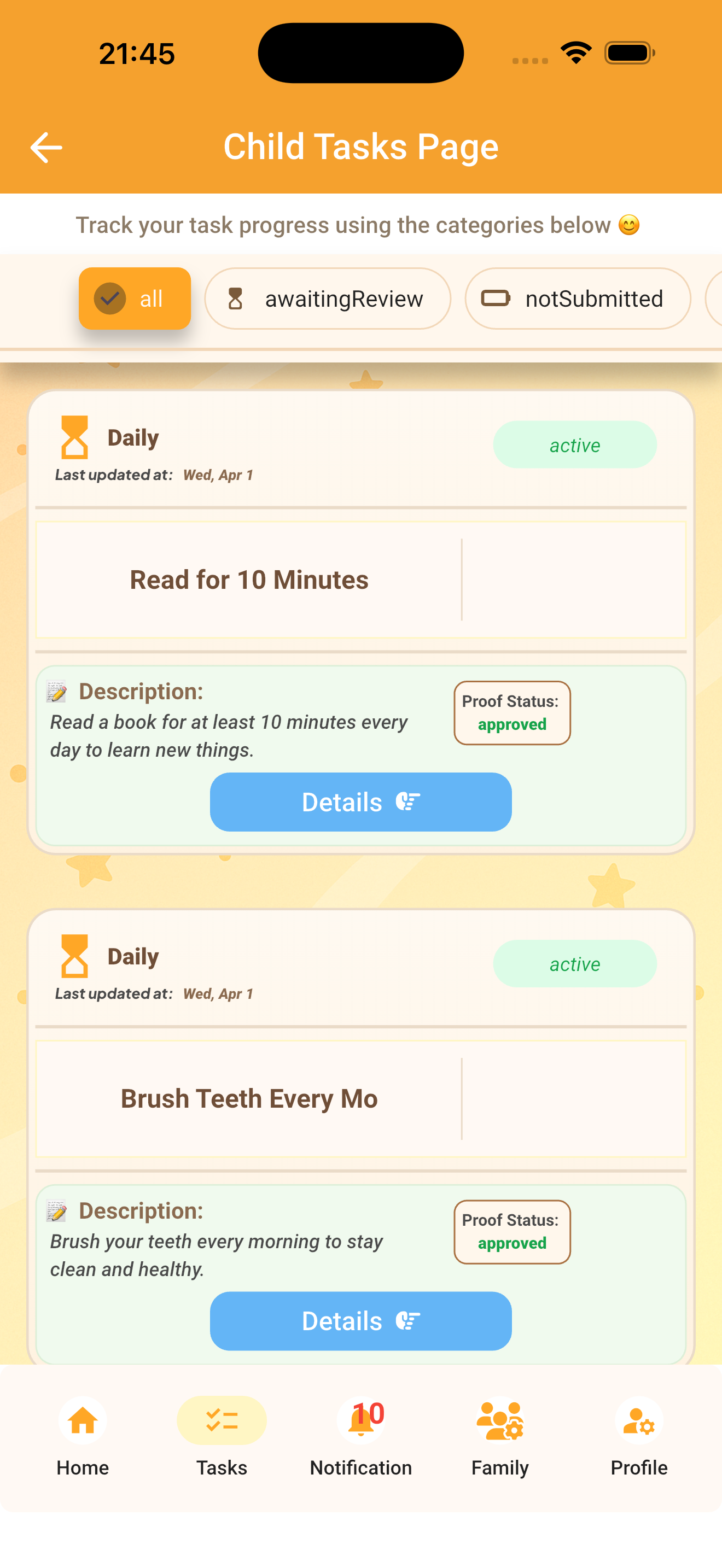 JoyNest child daily tasks screenshot